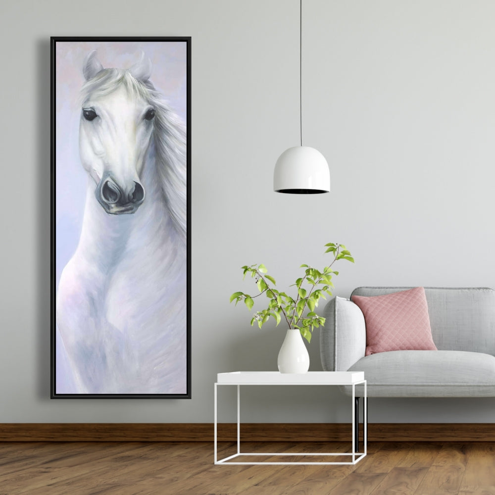 Toile « Puissant cheval blanc » | Décoration d'animaux de la ferme encadrée bleue