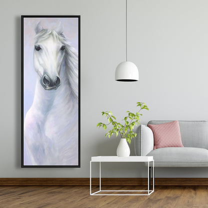 Toile « Puissant cheval blanc » | Décoration d'animaux de la ferme encadrée bleue
