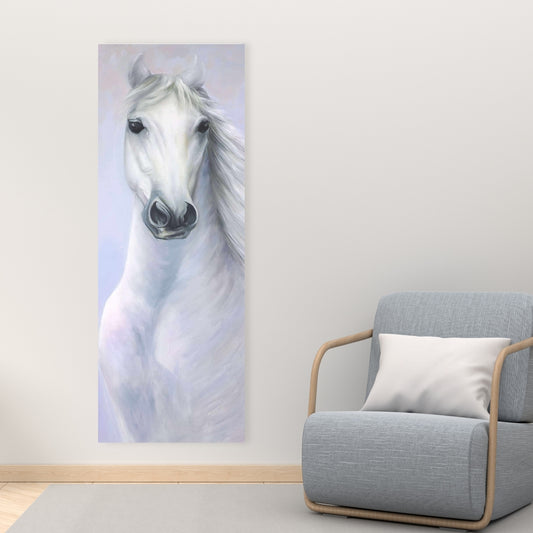 Toile bleue représentant un puissant cheval blanc | Décoration murale animalière pour chambre