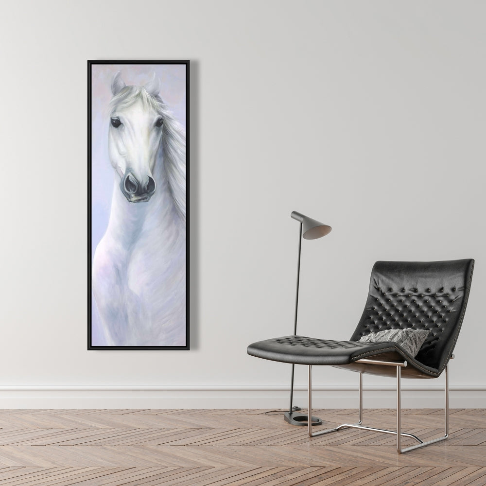 Toile « Puissant cheval blanc » | Décoration d'animaux de la ferme encadrée bleue