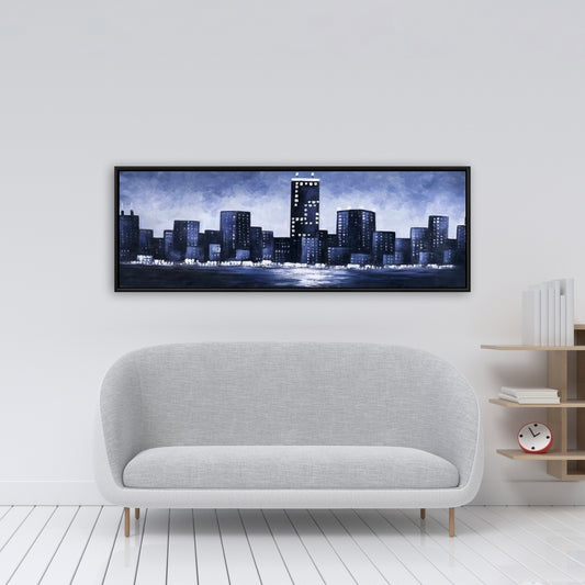 Dark Blue Cityscape Canvas | Framed Bedroom Wall Art Decor