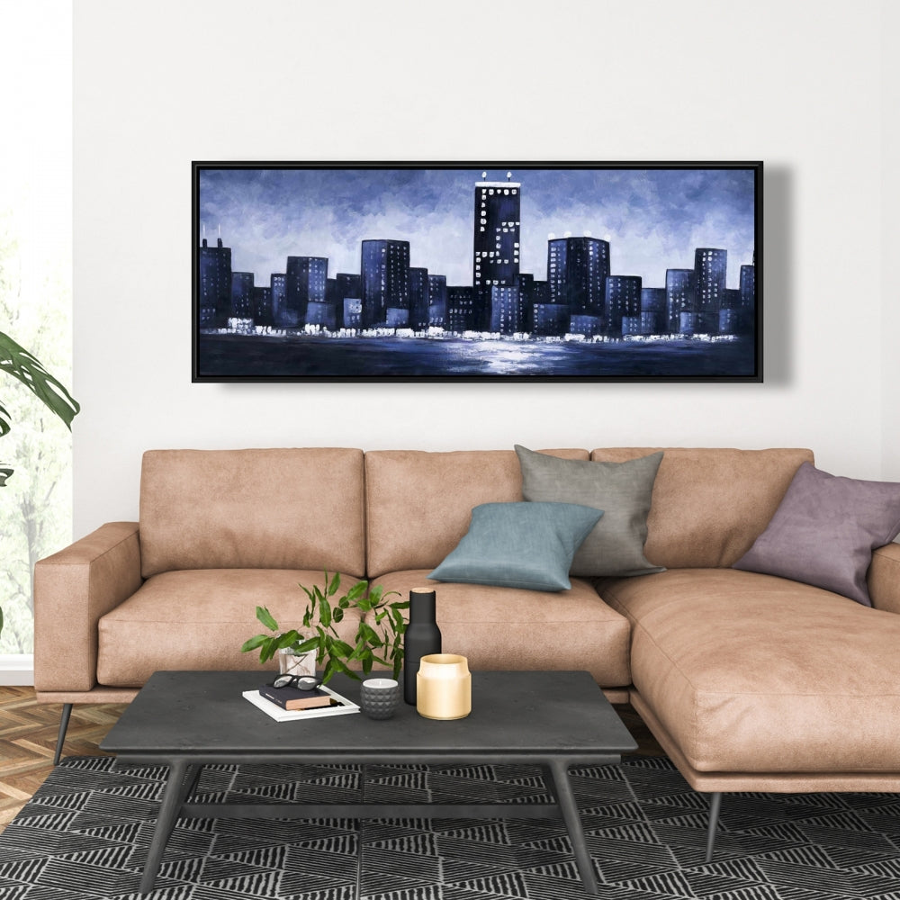 Toile Paysage urbain bleu foncé | Décoration murale encadrée pour chambre