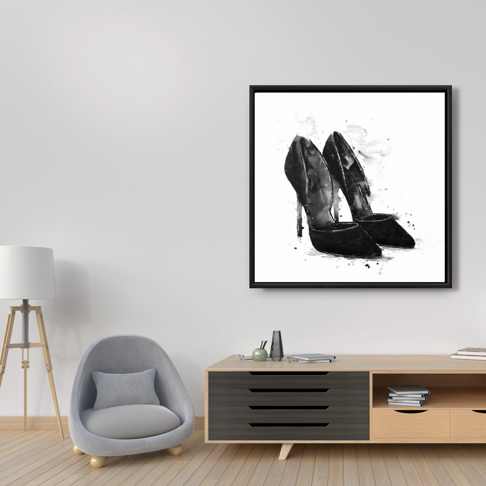 Toile minimaliste avec escarpins noirs - Décoration murale pour chaussures