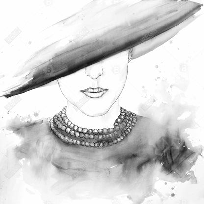 Toile encadrée monochrome blanche – Femme mystérieuse au chapeau
