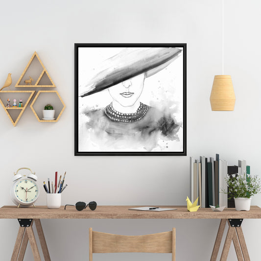 Monochrome White Framed Canvas - Mysterious Lady with Hat