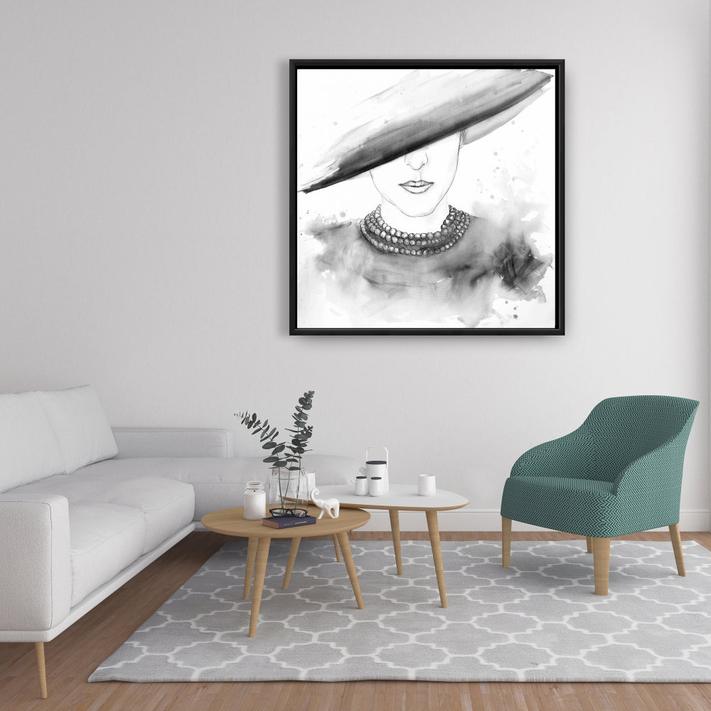 Toile encadrée monochrome blanche – Femme mystérieuse au chapeau