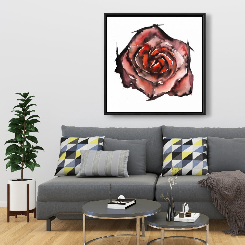 Watercolor Rose Canvas | Modern Red Framed Bedroom Decor