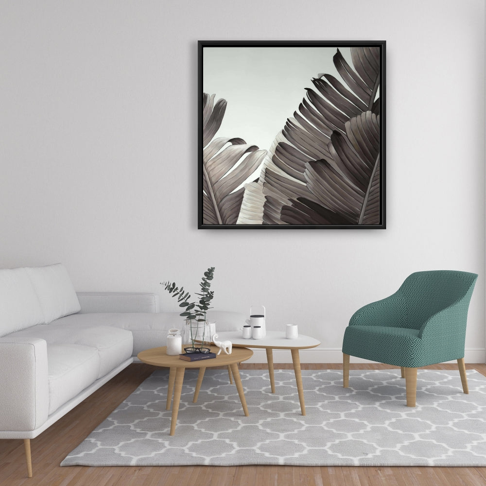Toile à motifs de feuilles tropicales en niveaux de gris – Décoration florale exotique pour la maison