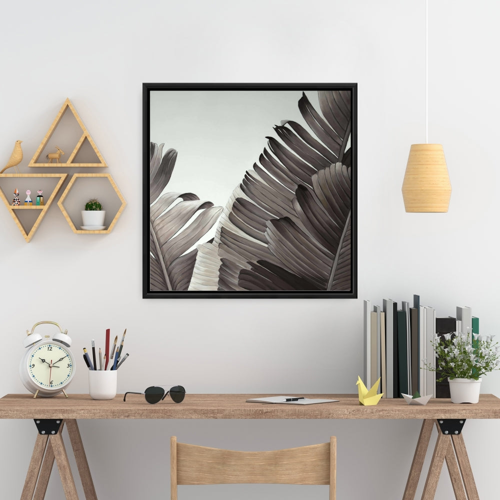 Toile à motifs de feuilles tropicales en niveaux de gris – Décoration florale exotique pour la maison