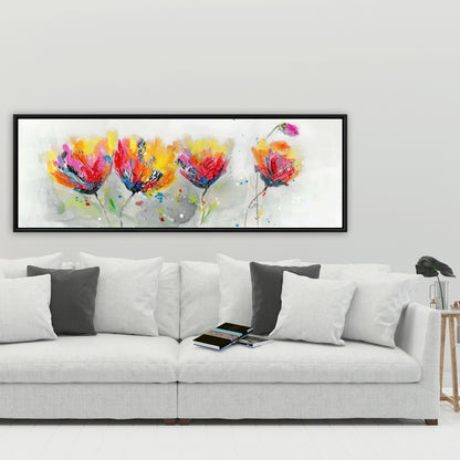 Quatre fleurs colorées sur fond gris | Décoration florale botanique sur toile