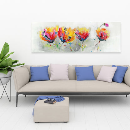 "Floral & Botanical Gray Canvas - Four Colored Flowers Decor"