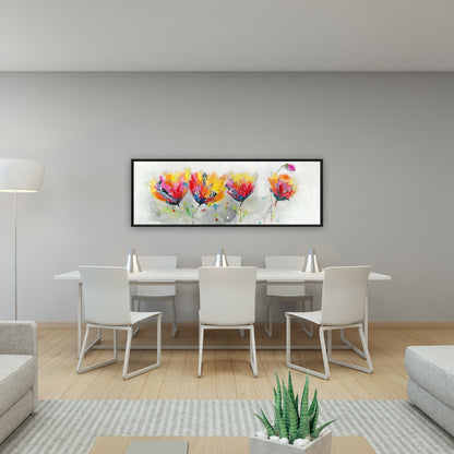 Quatre fleurs colorées sur fond gris | Décoration florale botanique sur toile