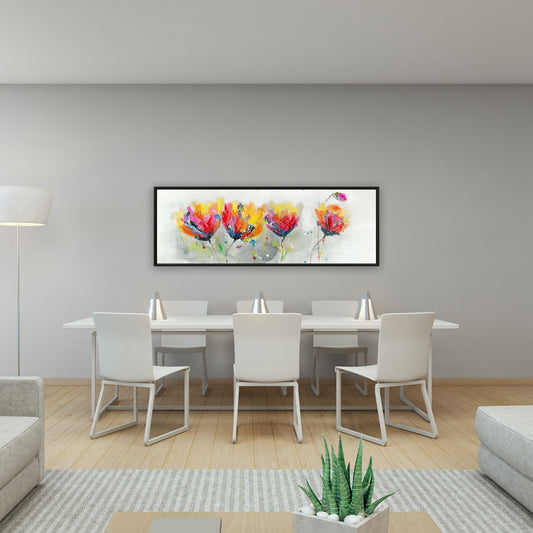 Quatre fleurs colorées sur fond gris | Décoration florale botanique sur toile