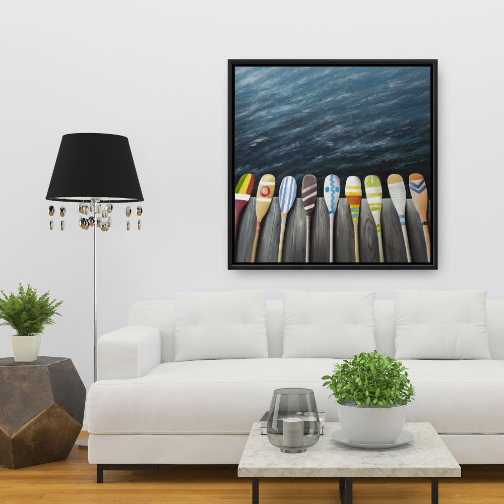 Pagaies colorées sur le quai - Toile de loisirs pour salle de bain bleue