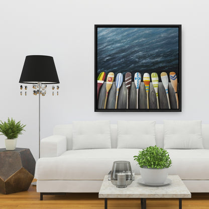 Pagaies colorées sur le quai - Toile de loisirs pour salle de bain bleue