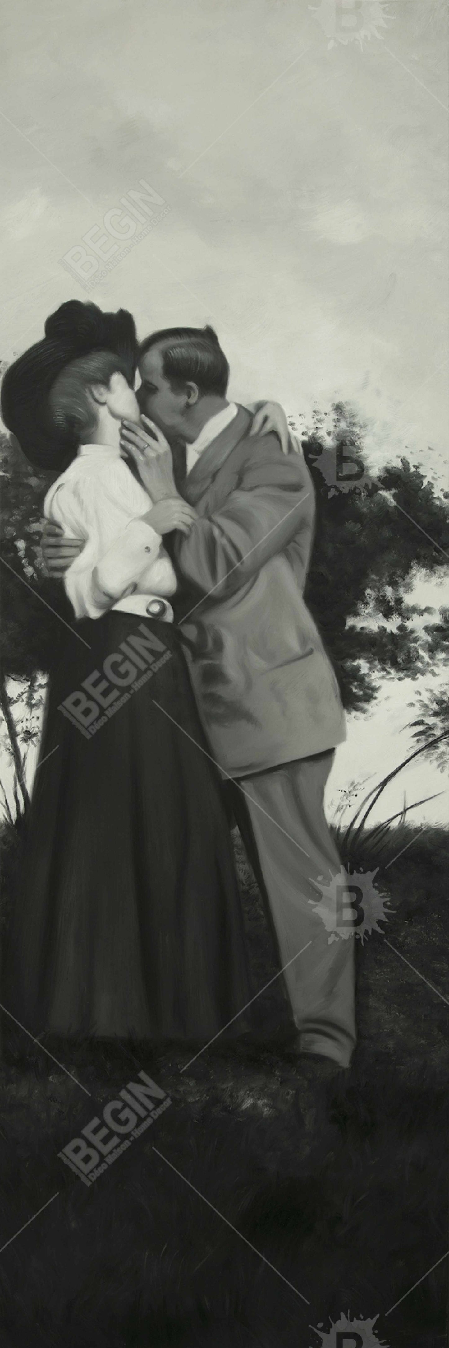 Beige Bedroom Figurative Canvas - Vintage Couple Kissing Decor