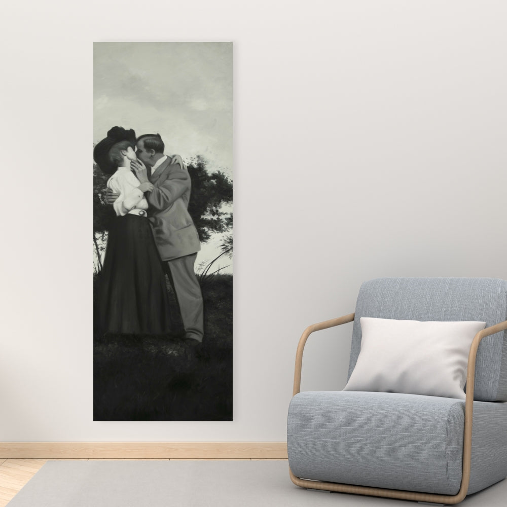 Beige Bedroom Figurative Canvas - Vintage Couple Kissing Decor