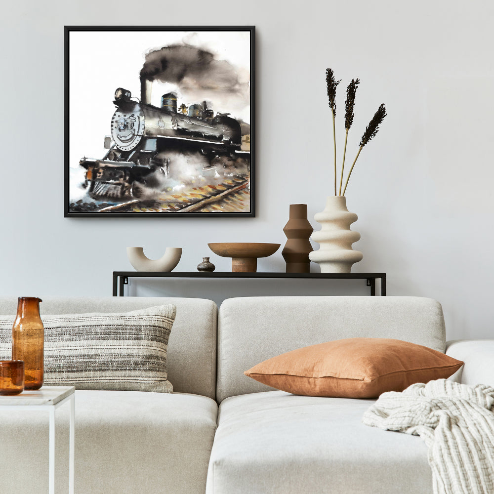 Toile vintage avec train à vapeur | Décoration industrielle encadrée grise