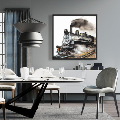 Toile vintage avec train à vapeur | Décoration industrielle encadrée grise