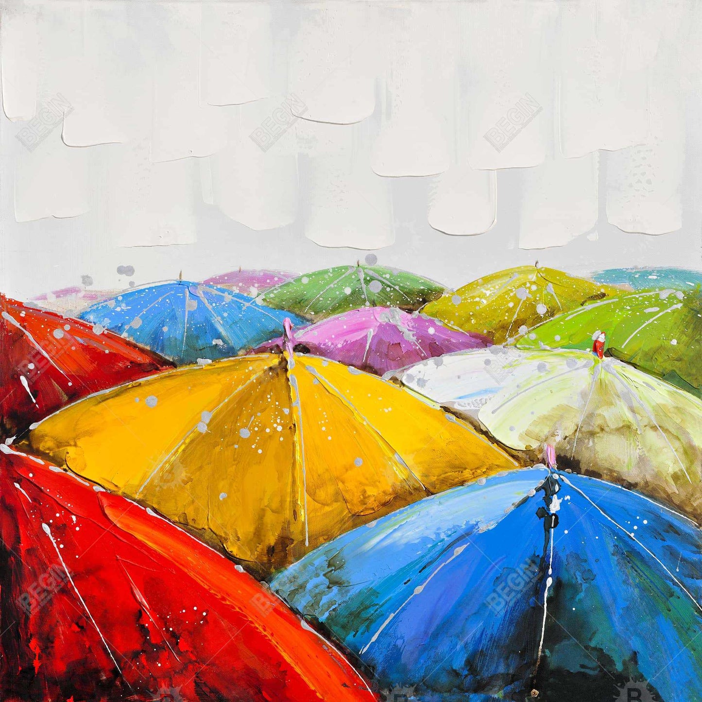 Toile Parapluies colorés - Cadre bleu | Décoration murale