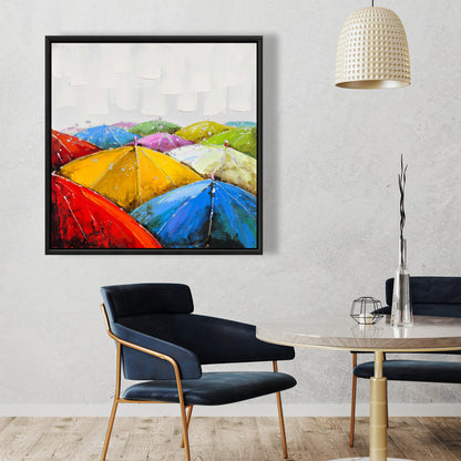 Toile Parapluies colorés - Cadre bleu | Décoration murale