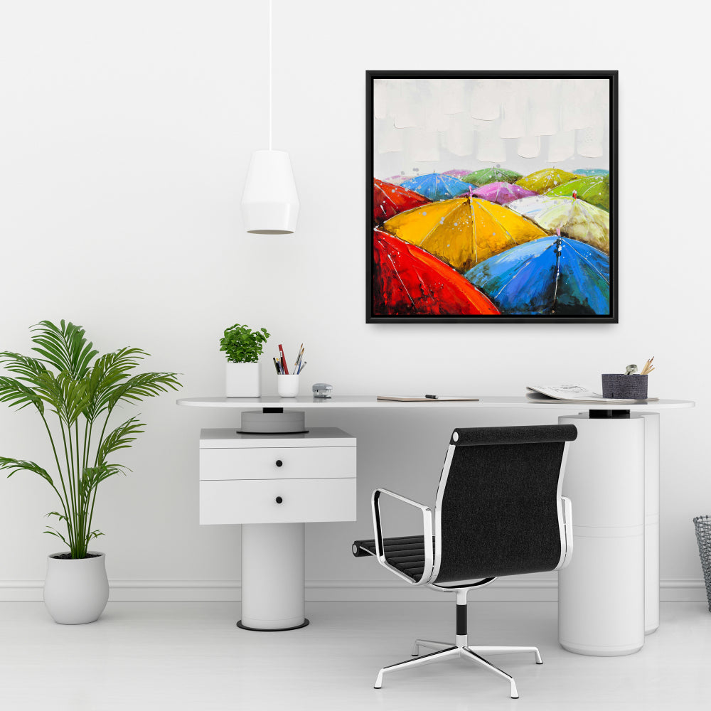 Toile Parapluies colorés - Cadre bleu | Décoration murale