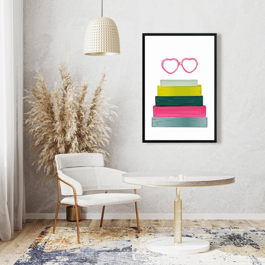 Yellow Framed Canvas | Heart Glasses with Books | Home Decor