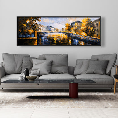 Toile « Pont par une journée ensoleillée » | Décoration d'intérieur avec cadre bleu