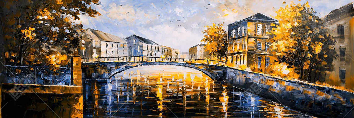 Toile « Pont par une journée ensoleillée » | Décoration d'intérieur avec cadre bleu