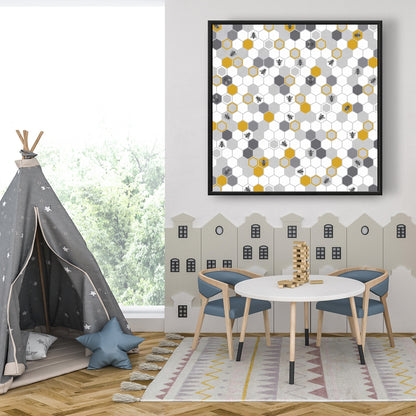 Toile à motif ruche – Décoration d'intérieur encadrée grise avec insectes