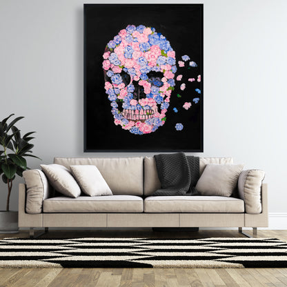 Blue Modern Flower Skull Framed Canvas - Bedroom Home Decor