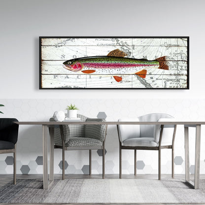 Toile encadrée « Truite sur carte du monde » | Décoration aquatique rouge