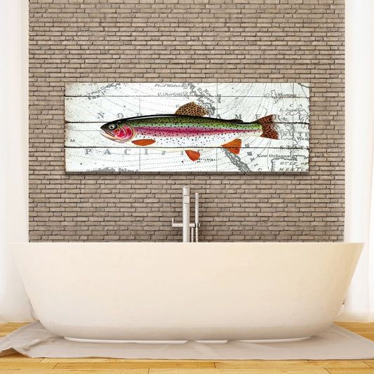 Trout on World Map Canvas | Red Aquatic Animals Home Decor
