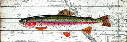 Trout on World Map Canvas | Red Aquatic Animals Home Decor