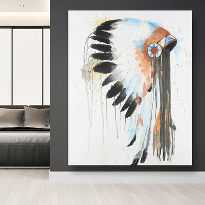 Indian War Bonnet Canvas | Ethnic Blue Home Decor Artwork