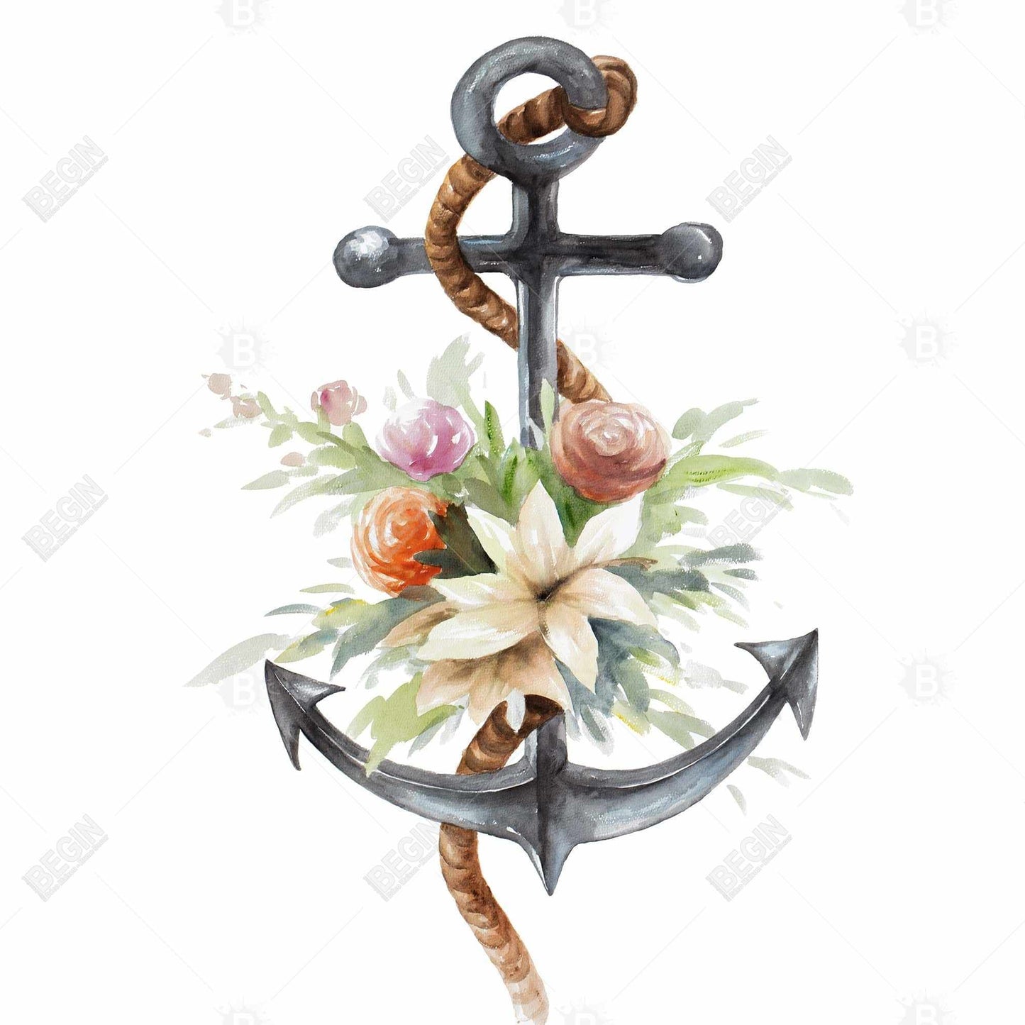 Toile « Ancre de bateau côtière avec fleurs » | Décoration scandinave