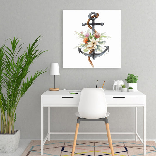 Coastal Brown Anchor with Flowers Canvas - Scandinavian Decor