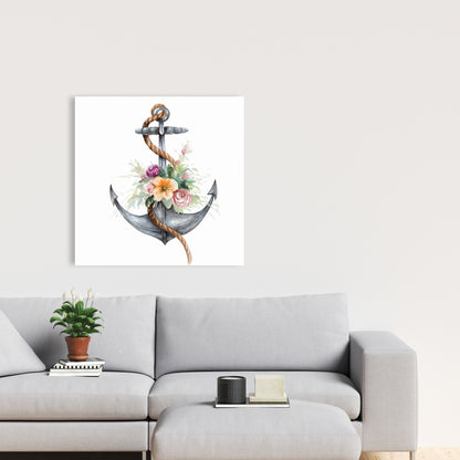 Toile marron marine - Ancre de bateau avec fleurs, décoration d'intérieur