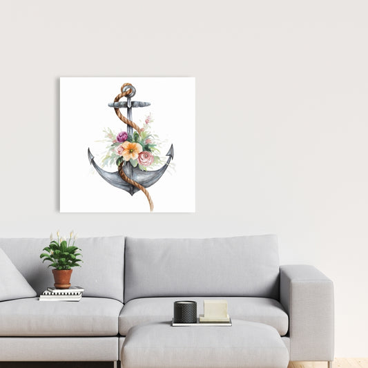 Toile marron marine - Ancre de bateau avec fleurs, décoration d'intérieur