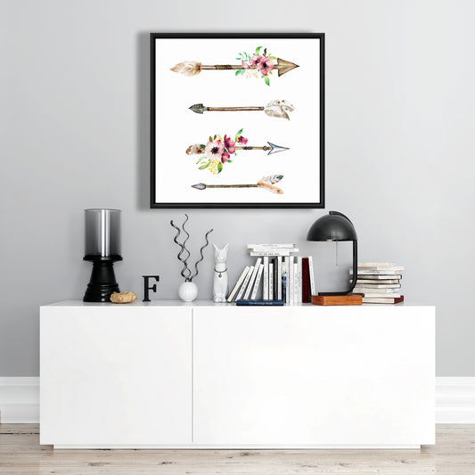 Toile encadrée « Pointes de flèches et fleurs » | Décoration florale pour chambre