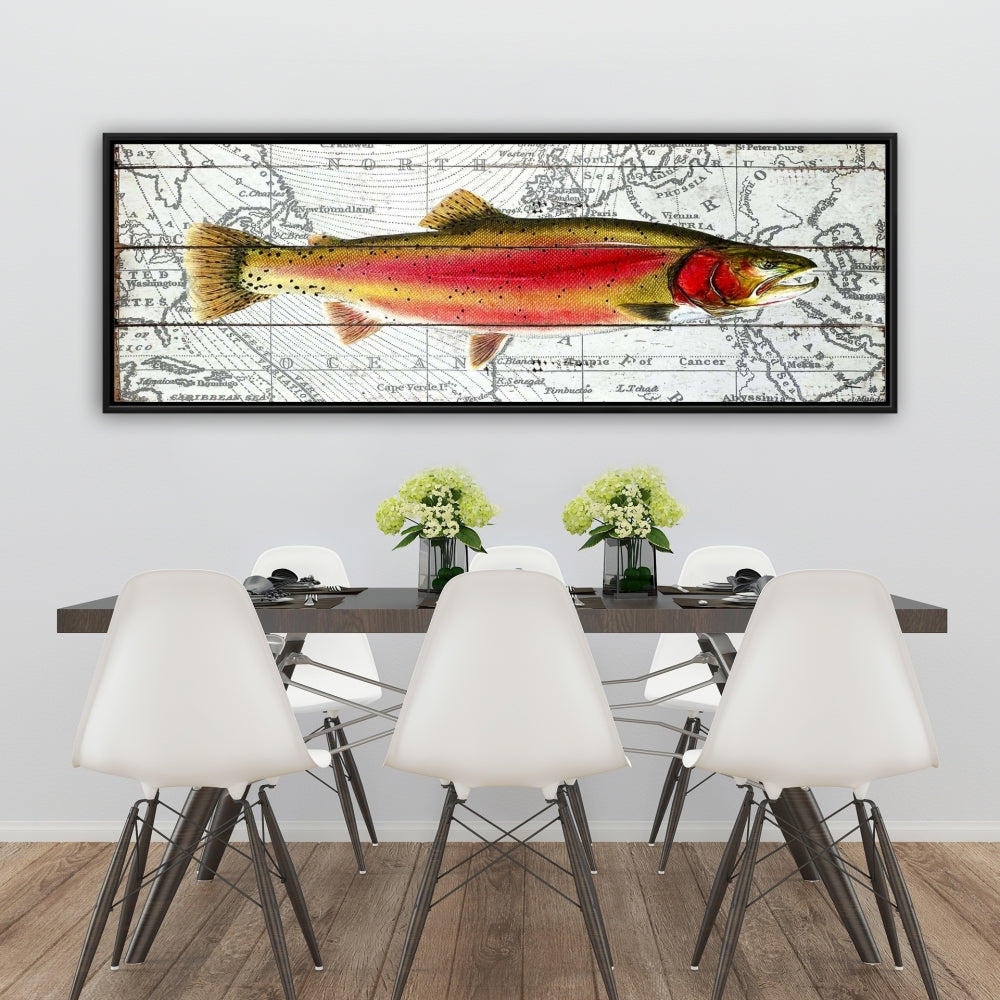 Pink Trout on Map | Aquatic Animals Framed Canvas Decor