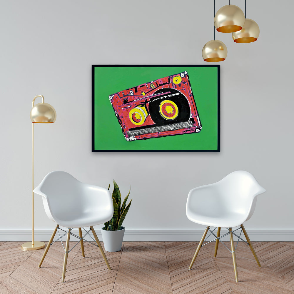 Toile Lecteur de cassettes | Décoration d'intérieur encadrée verte pour mélomanes