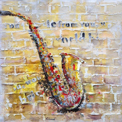 Saxophone jaune sur mur de briques | Décoration musicale pour chambre à coucher