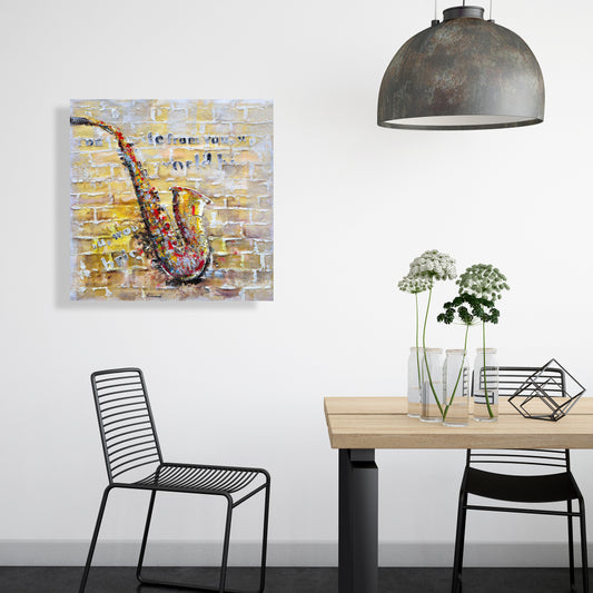Saxophone on Brick Wall Canvas - Yellow Musical Home Decor