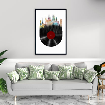 Toile encadrée bleue moderne - Décor de ville abstraite sur disque vinyle