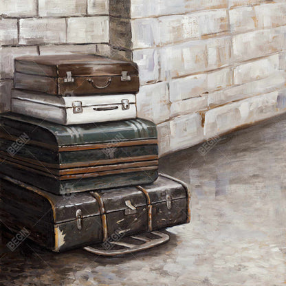 Toile encadrée marron – Décor de quatre vieilles valises de voyage