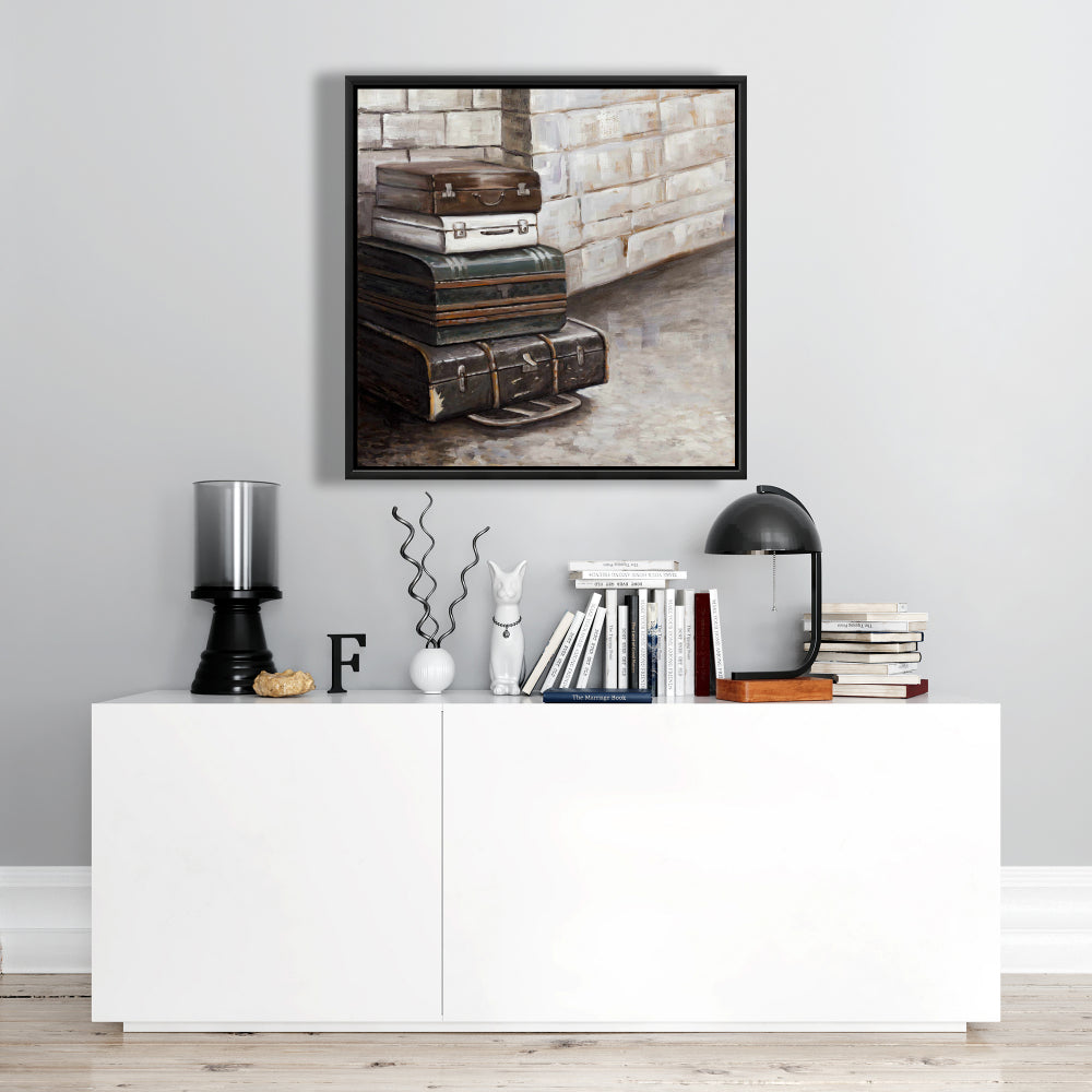 Toile encadrée marron – Décor de quatre vieilles valises de voyage