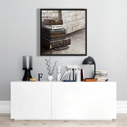 Toile encadrée marron – Décor de quatre vieilles valises de voyage