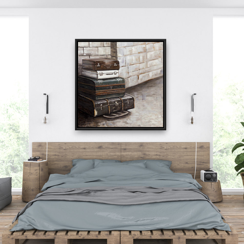 Toile encadrée marron – Décor de quatre vieilles valises de voyage