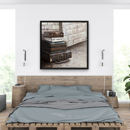 Toile encadrée marron – Décor de quatre vieilles valises de voyage